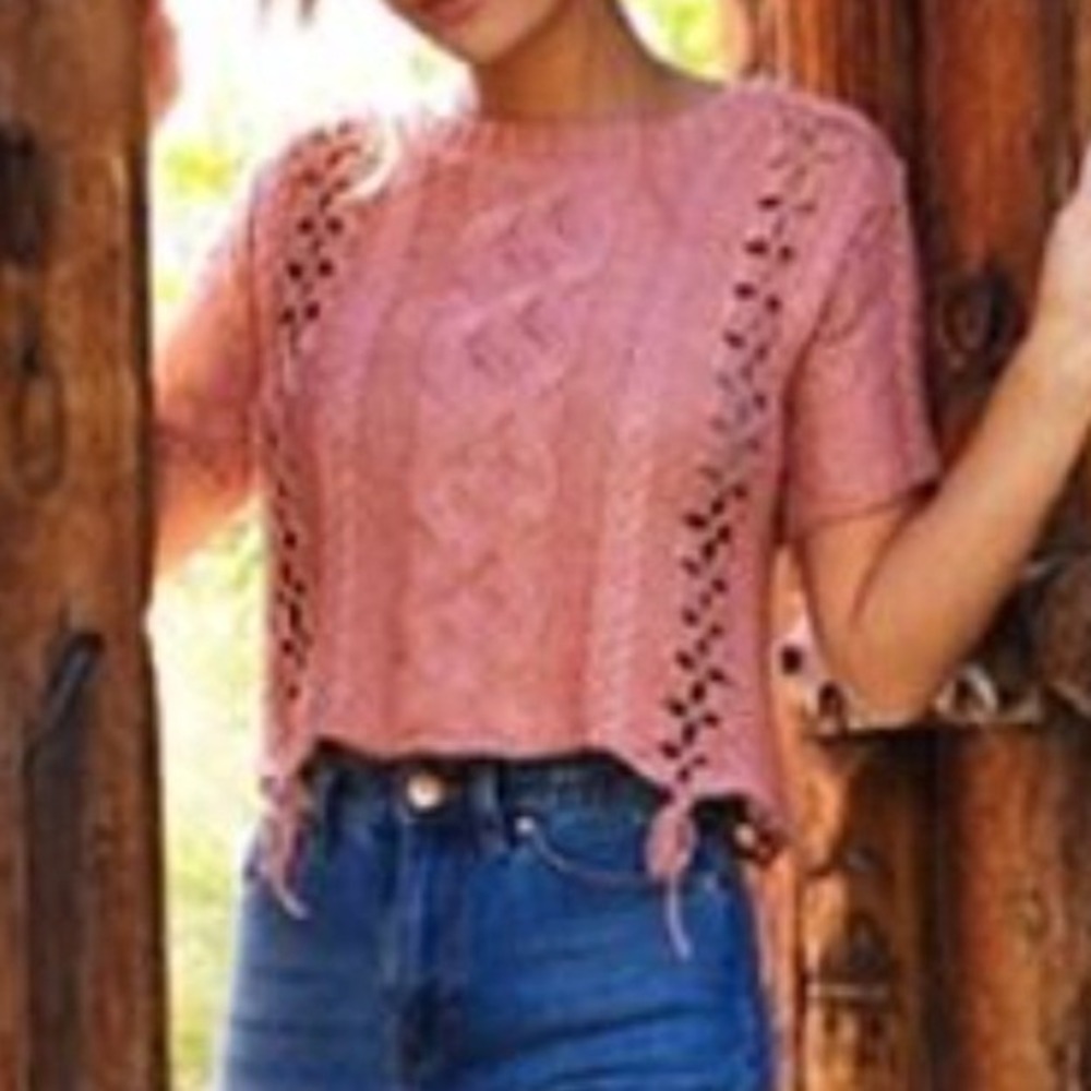 Knitz For Love & Lemons Sweater Small Pink Dusty Rose Cable Knit Tassel Crop